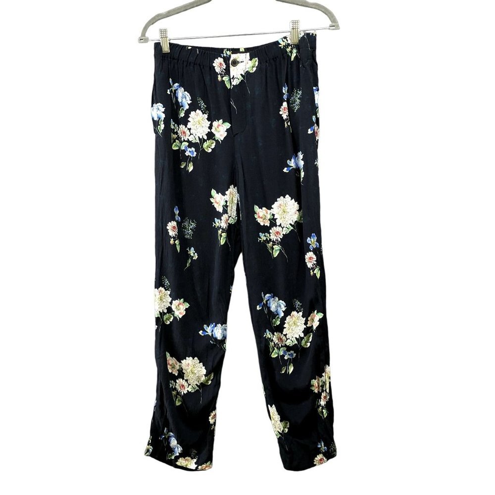 Zara Floral Pants Womens Small S Navy Blue Floral Lightweight Pull On Mid Rise